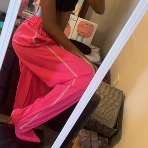Hot Pink Rhinestone-Embellished Trackpants with Connected High Heel Boots